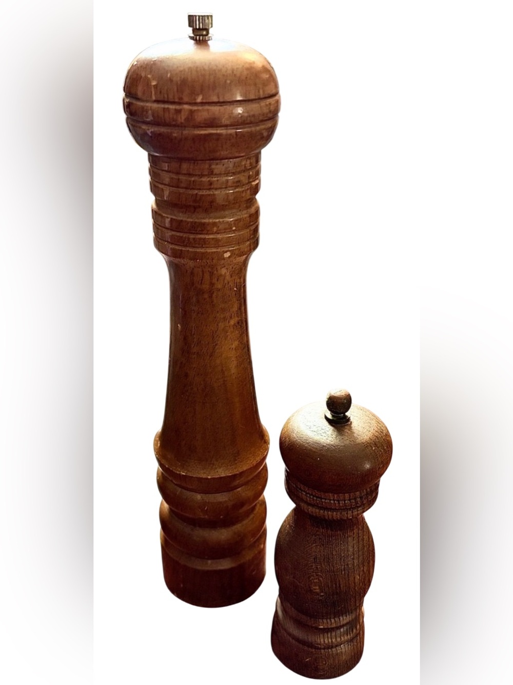 Vintage Rustic Wooden Peppermill Pair 12” & 7”